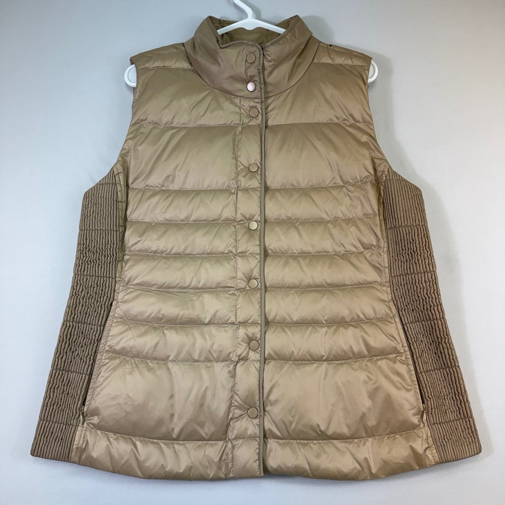 J.Jill Down Puffer Vest Womens Large Tan Quilted Smocked Side Snap Front Stretch